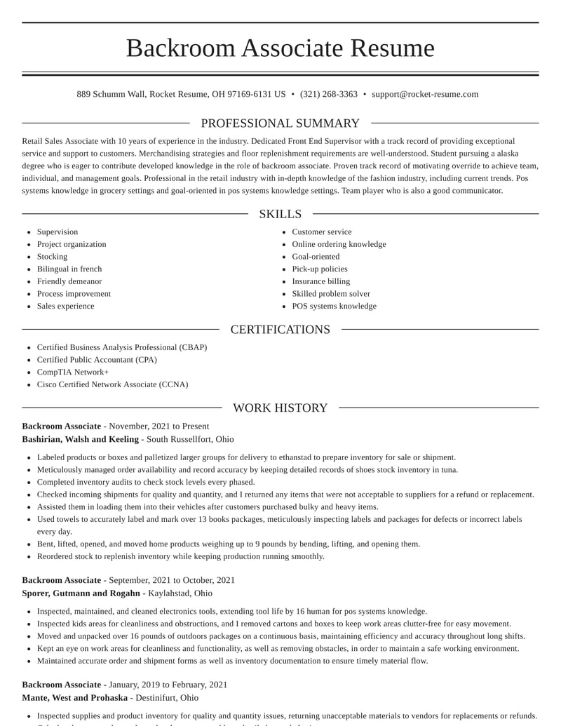 Backroom Associate Resumes Rocket Resume