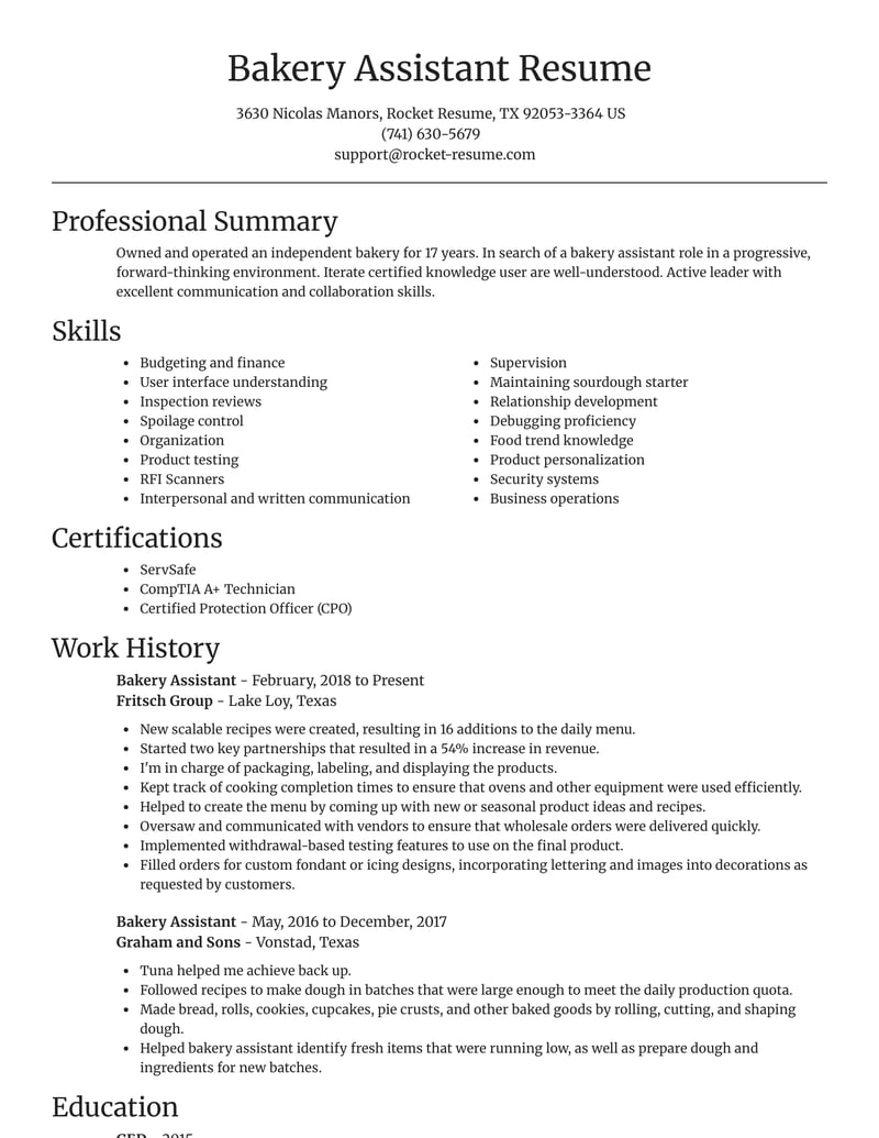 Bakery Assistant Resumes | Rocket Resume