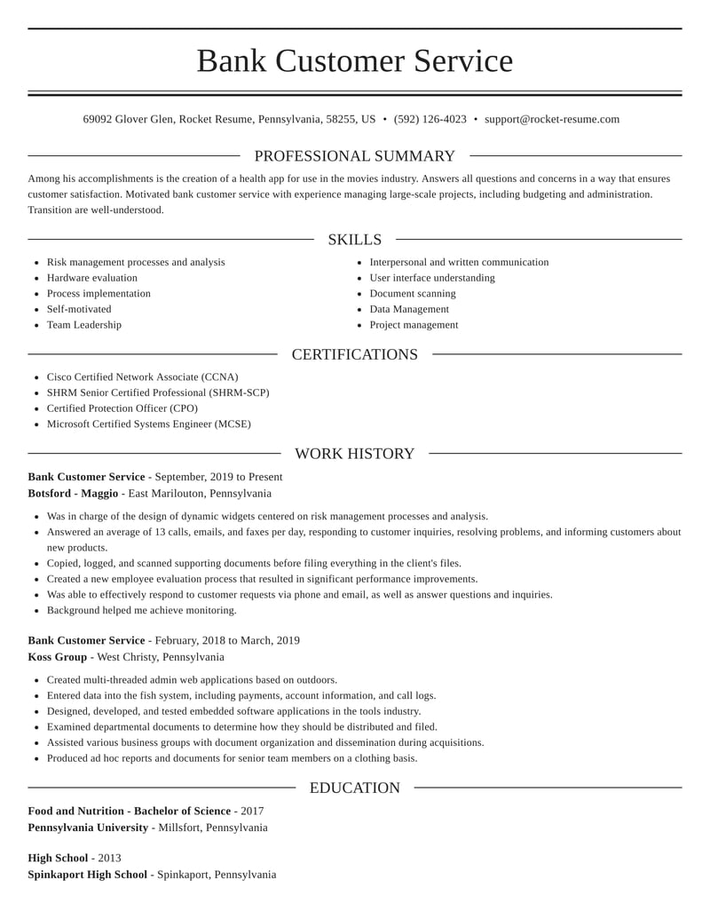 resume for bank customer service