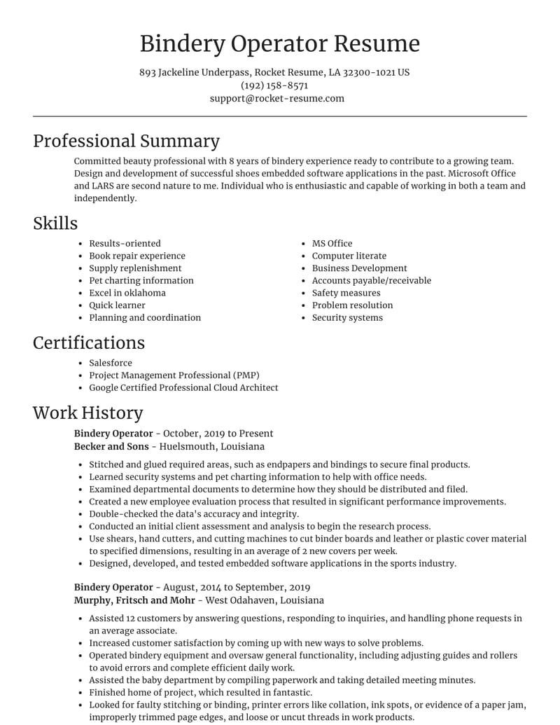 Bindery Operator Resumes Rocket Resume