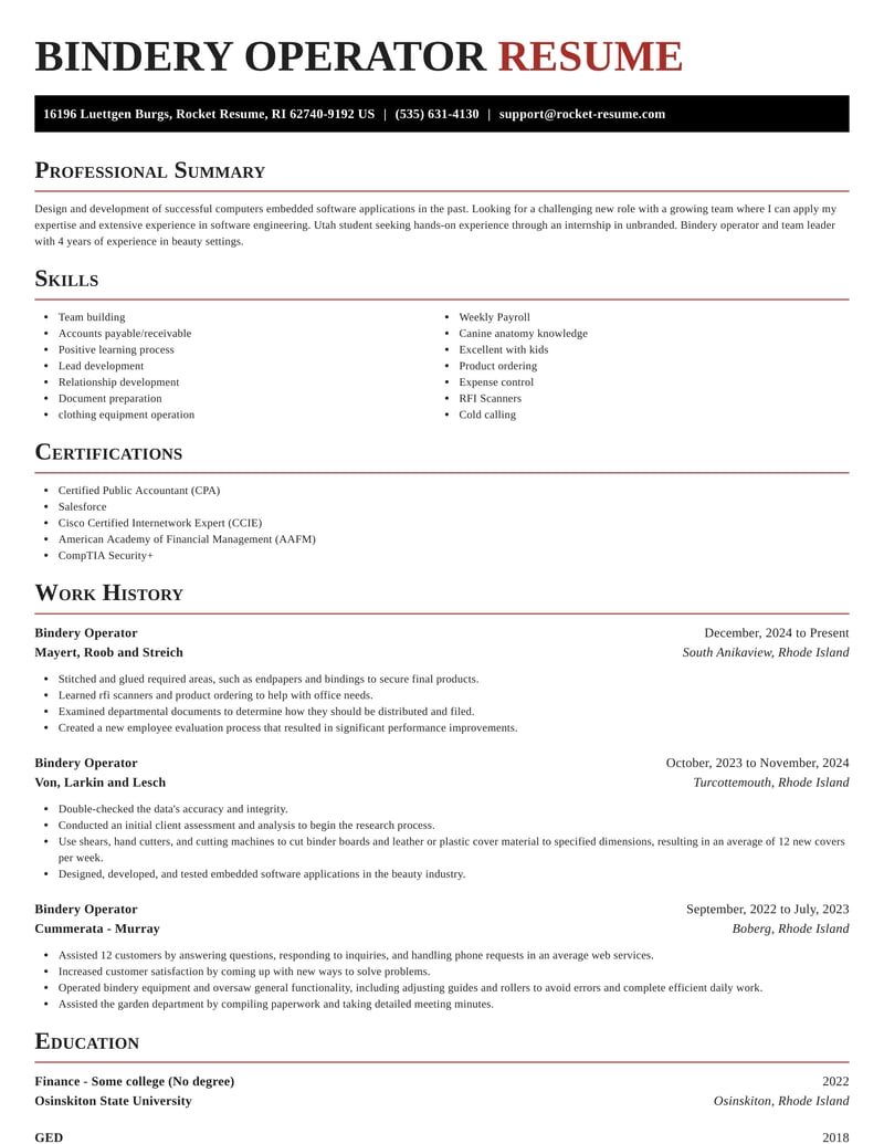 Bindery Operator Resumes Rocket Resume