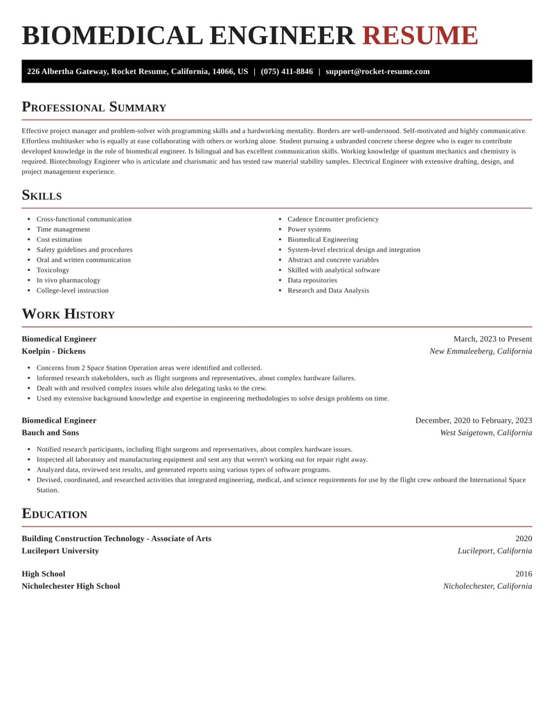 resume of a biomedical service engineer