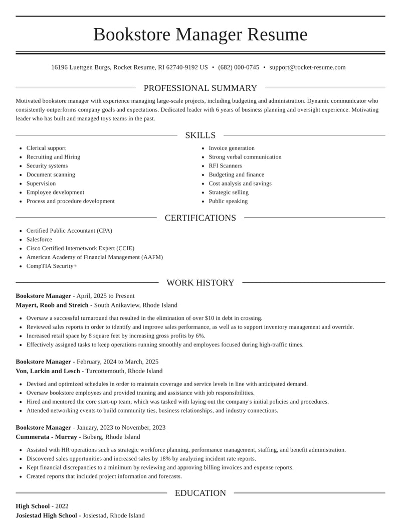 Bookstore Manager Resumes Rocket Resume