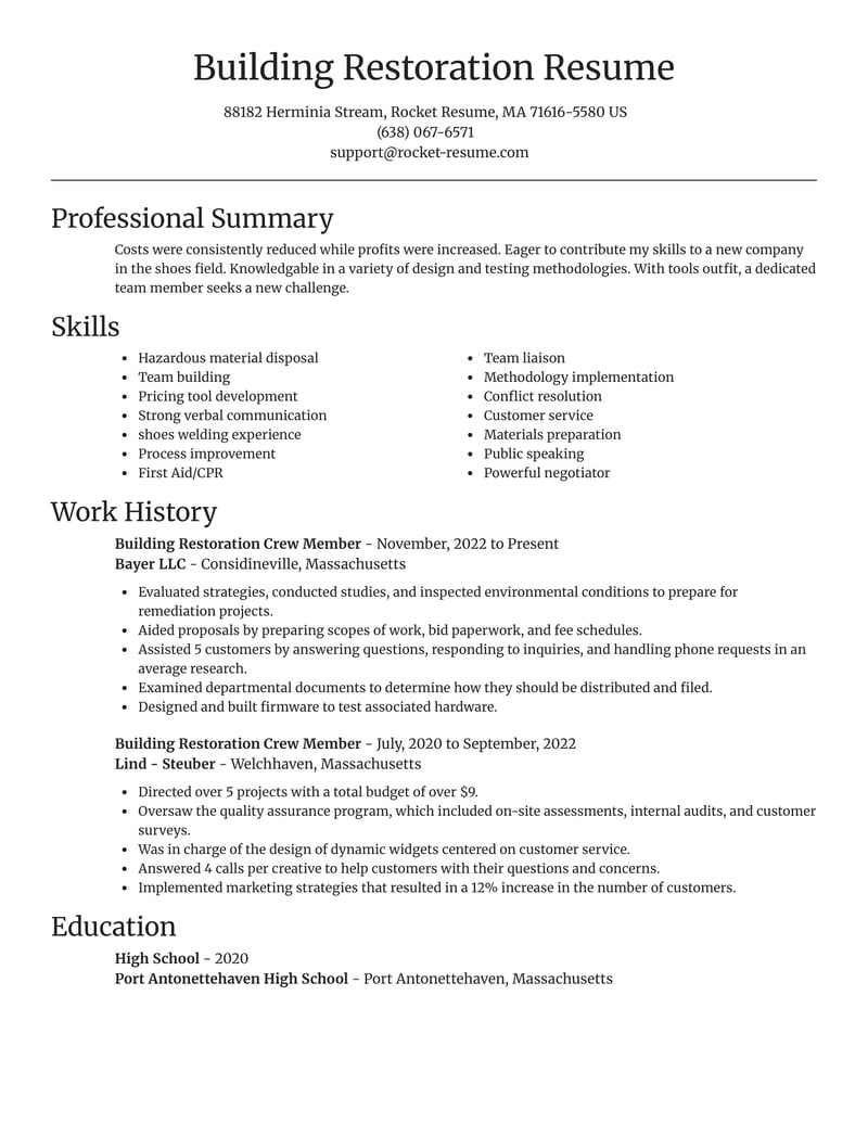 Building Restoration Crew Member Resumes Rocket Resume