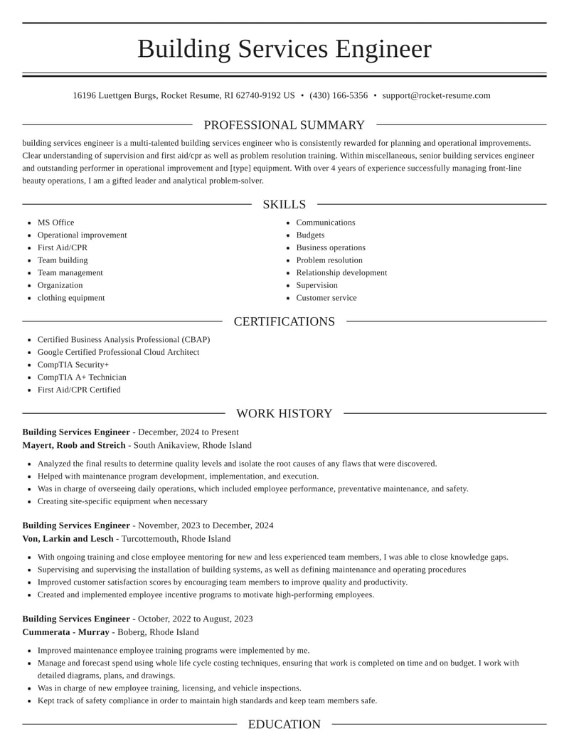 Building Services Engineer Resumes Rocket Resume