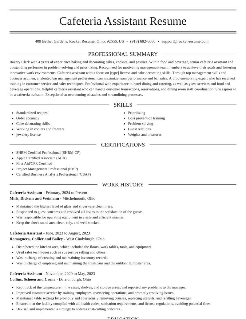 school cafeteria job description for resume