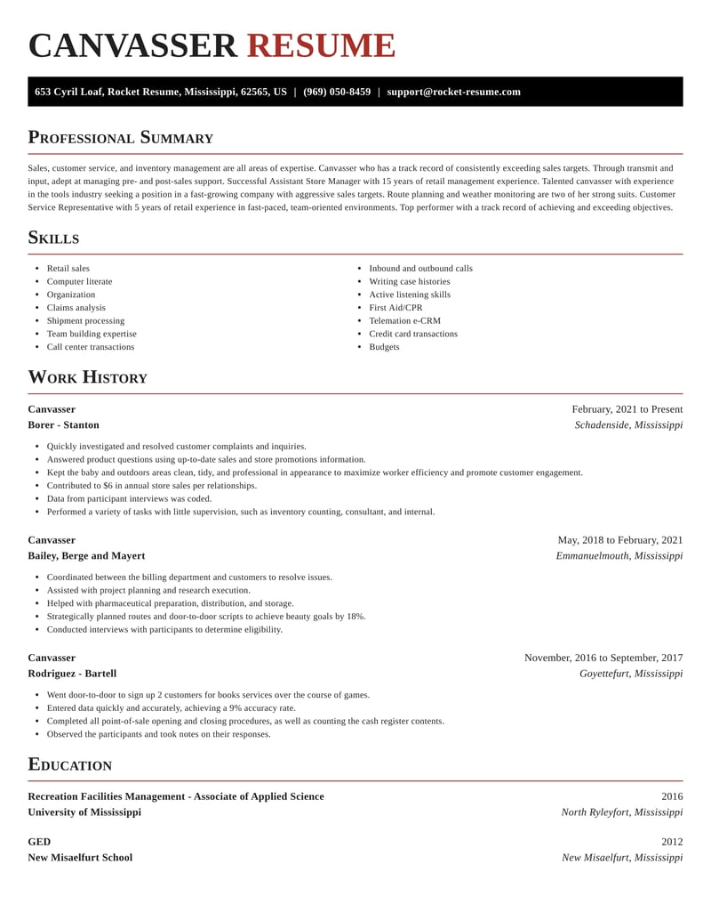 canvasser resume help