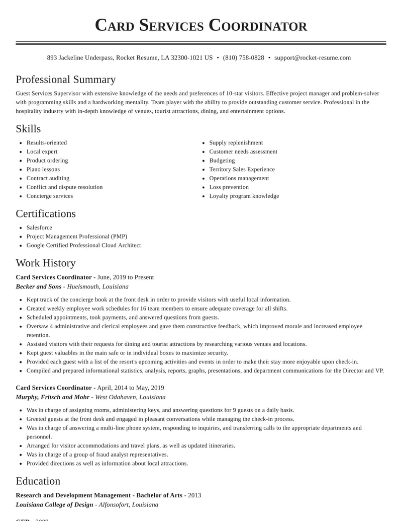 Card Services Coordinator Resumes Rocket Resume