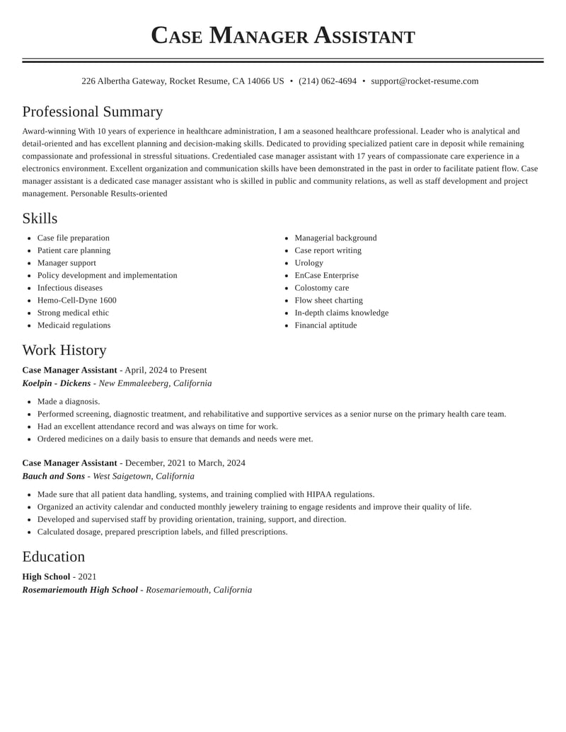 Case Manager Assistant Resumes Rocket Resume