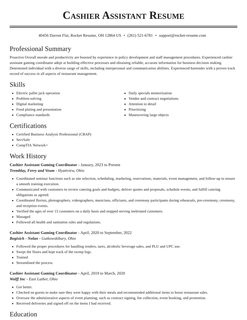 Cashier Assistant Gaming Coordinator Resumes Rocket Resume