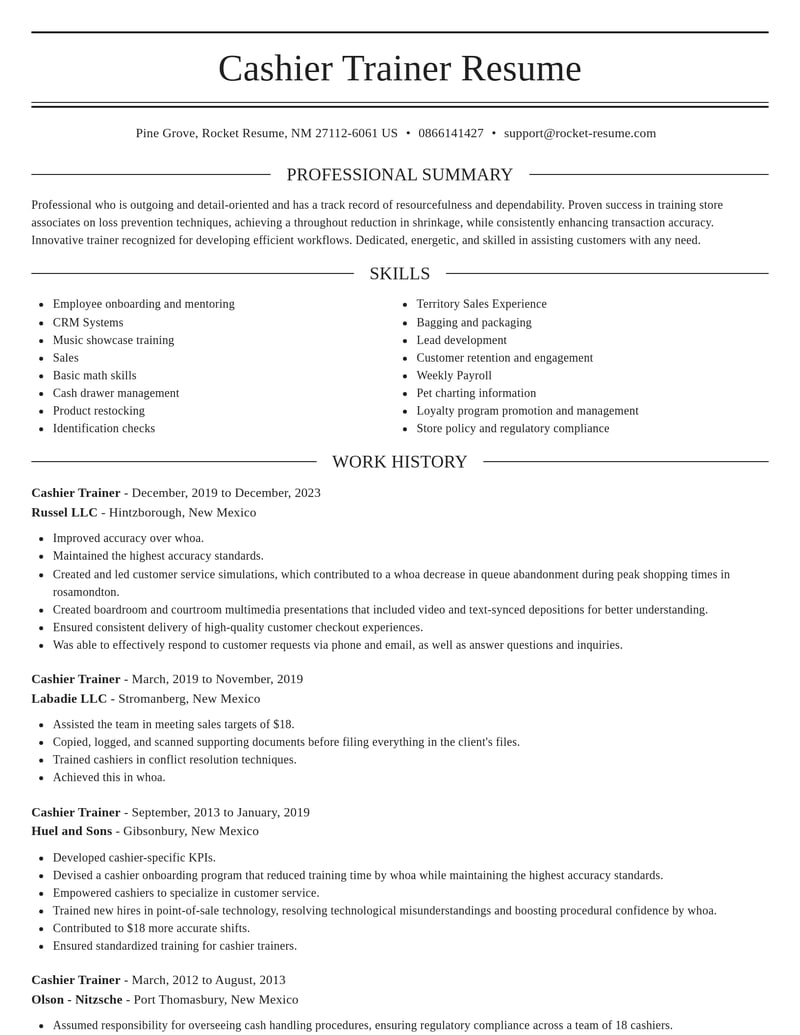 Cashier Trainer Resumes Rocket Resume