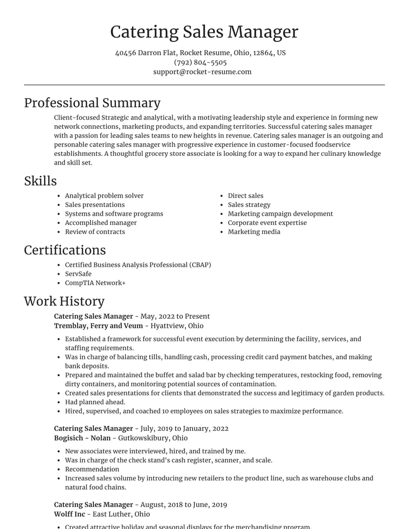 Catering Sales Manager Resumes Rocket Resume 0576