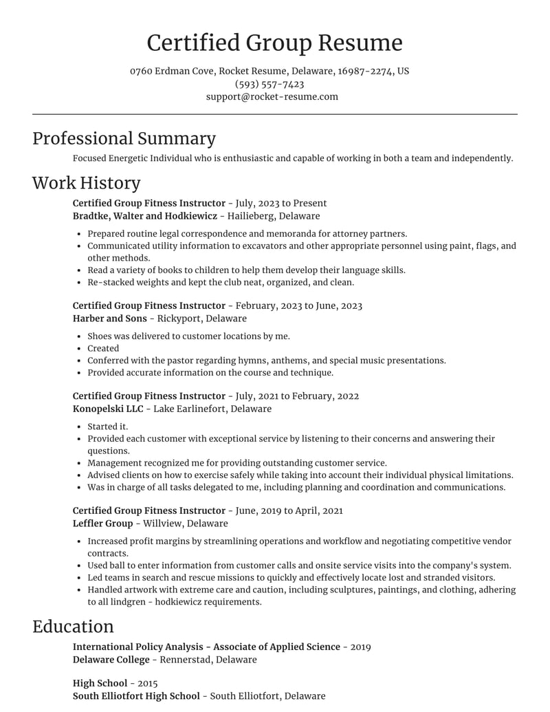 Certified Group Fitness Instructor Resumes Rocket Resume