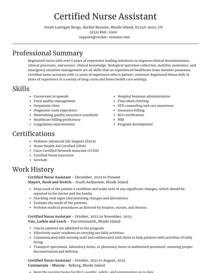 free downloadable certified nursing assistant resume template