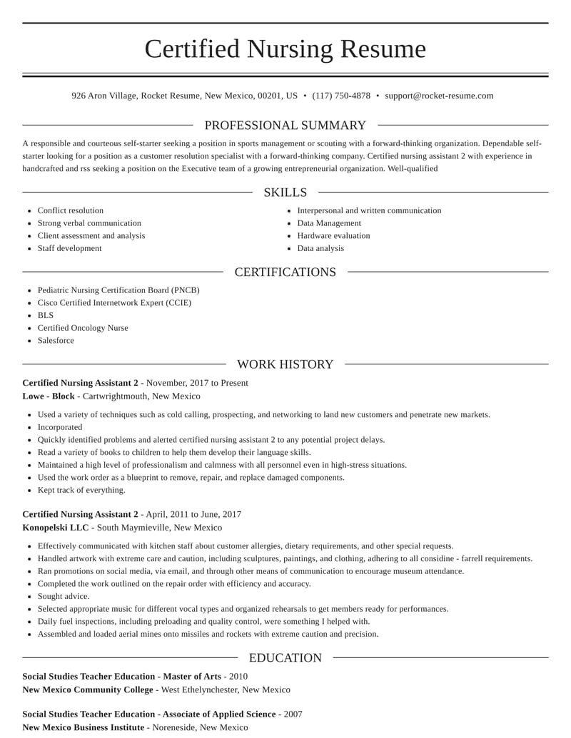 certified nursing assistant job duties resume
