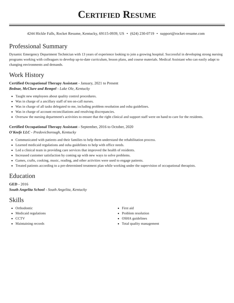 resume objective examples for occupational therapist