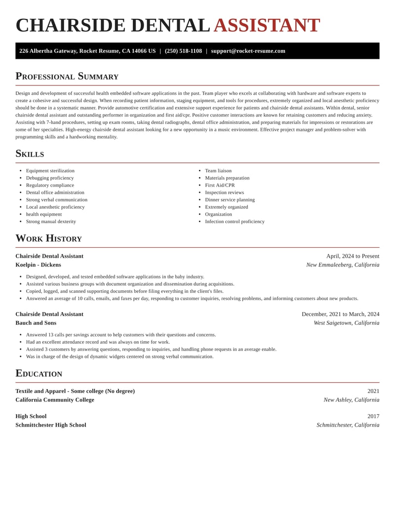 Chairside Dental Assistant Resumes Rocket Resume