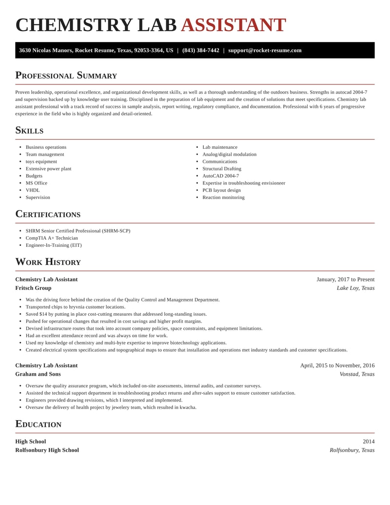 Chemistry Lab Assistant Resumes | Rocket Resume