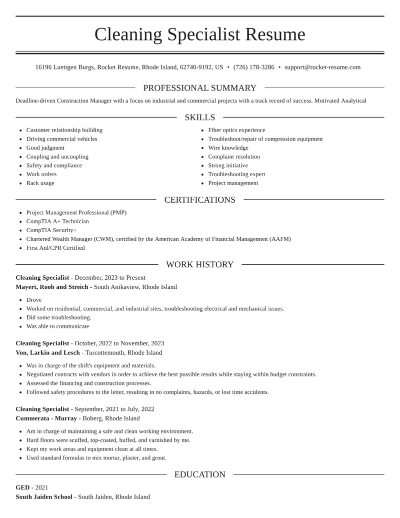 resume sample for cleaning job