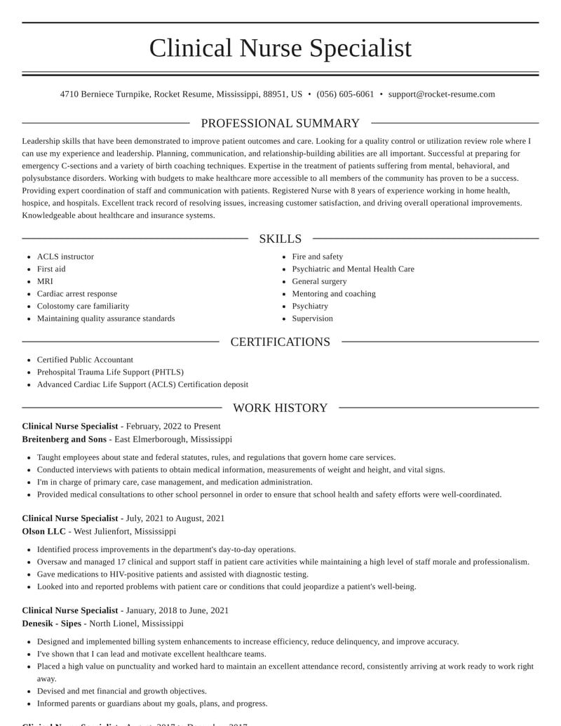 sample resume for clinical nurse consultant