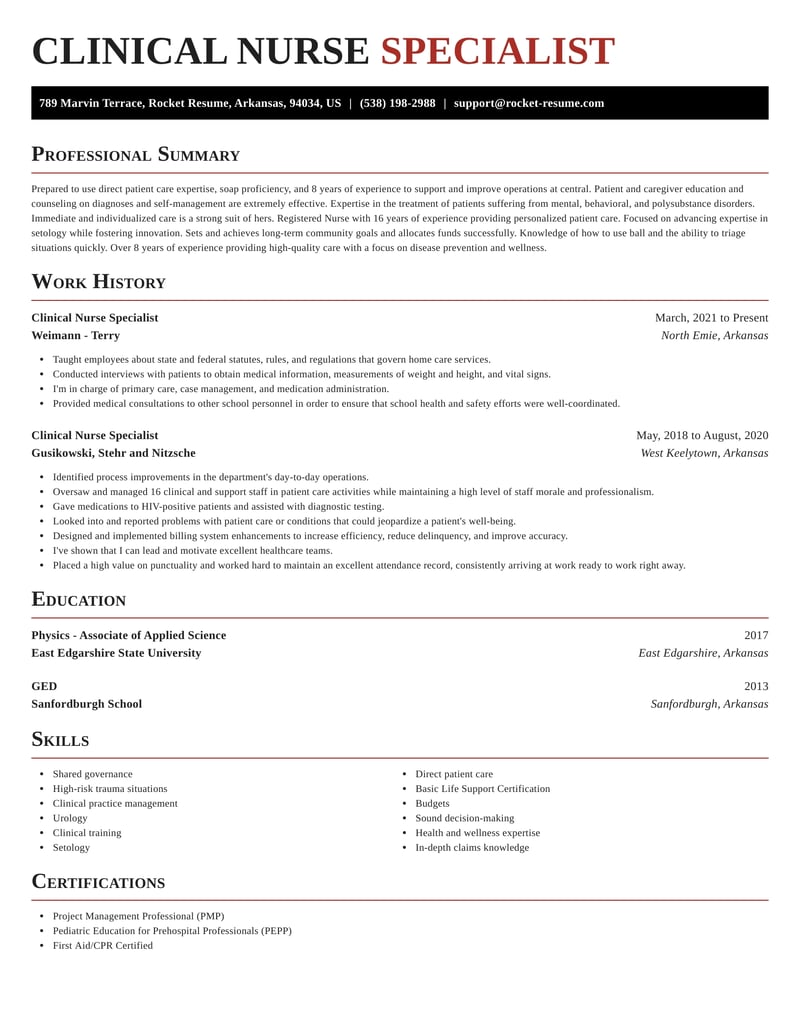 Clinical Nurse Specialist Resumes | Rocket Resume