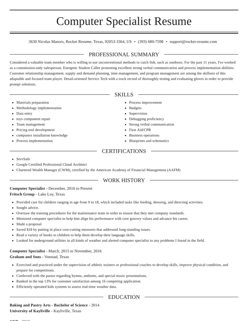 computer specialist job description for resume