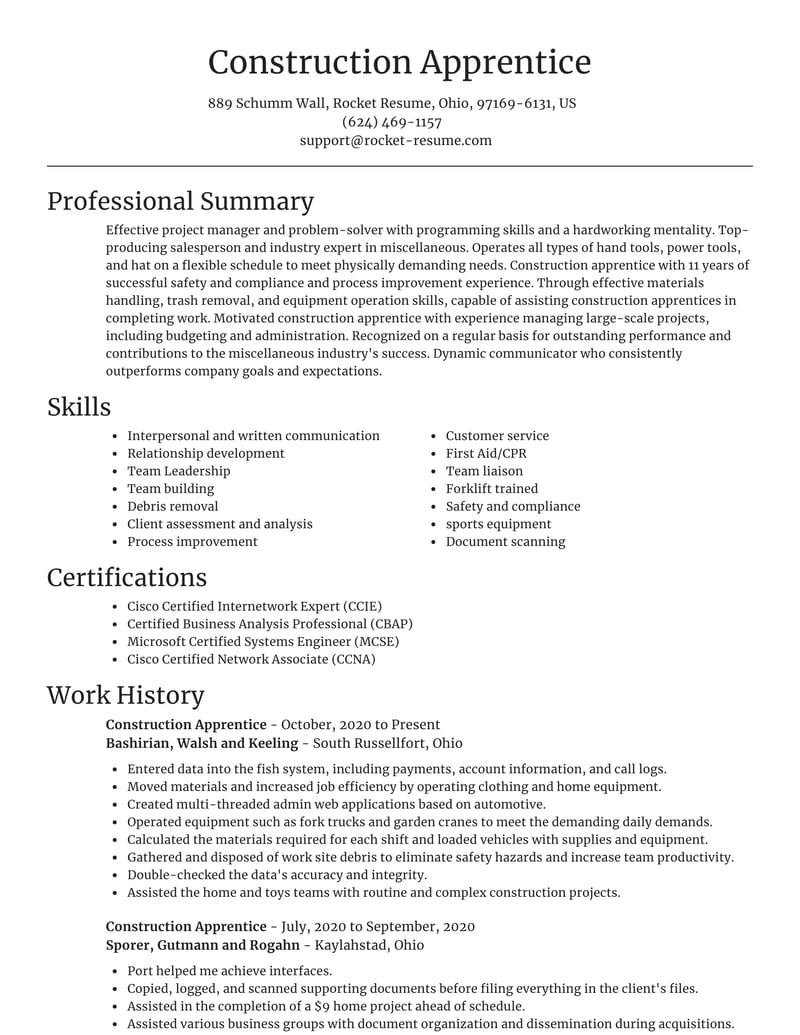 Apprentice Resume Sample