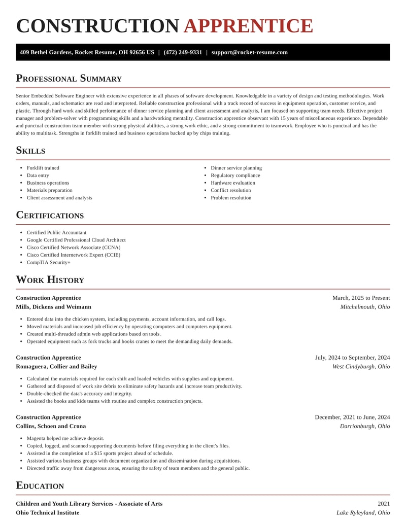 Construction Apprentice Resumes Rocket Resume