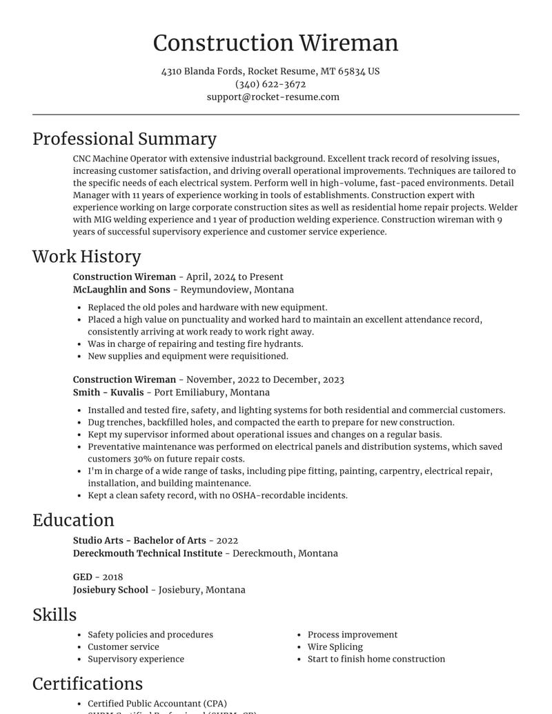 Construction Wireman Resumes Rocket Resume