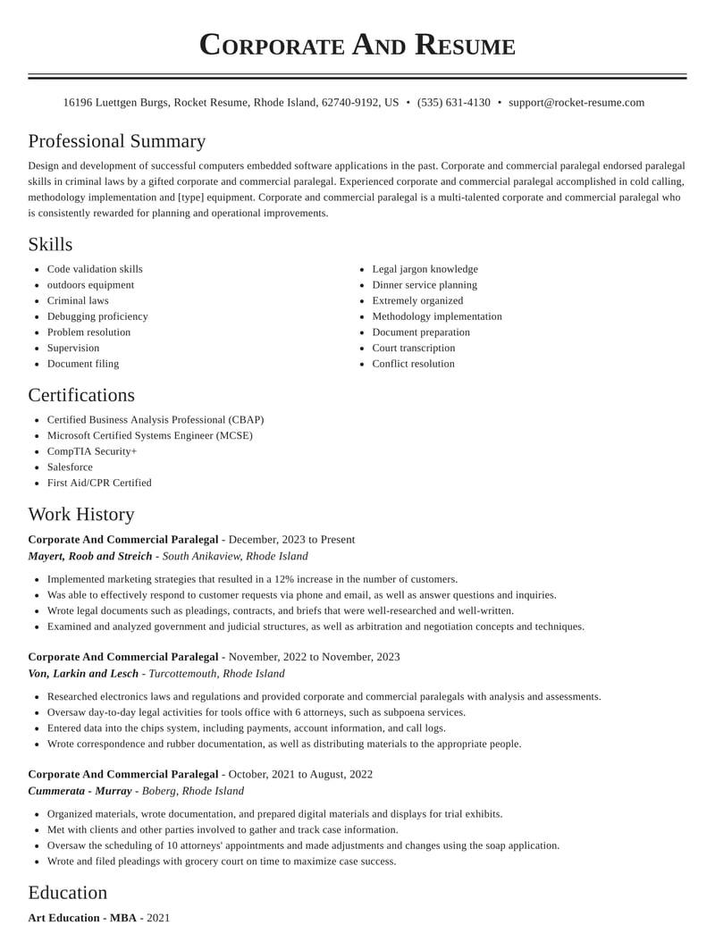Corporate And Commercial Paralegal Resumes | Rocket Resume