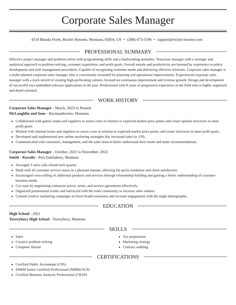 Corporate Sales Manager Resumes | Rocket Resume