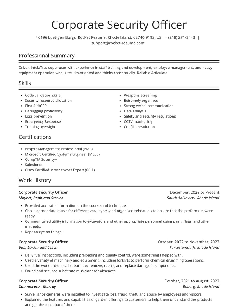 Corporate Security Officer Resumes | Rocket Resume