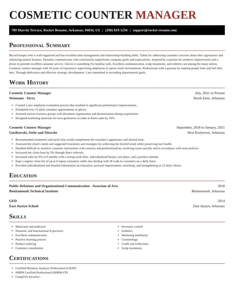 Cosmetic Counter Manager Resumes | Rocket Resume