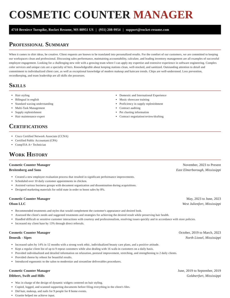Cosmetic Counter Manager Resumes | Rocket Resume