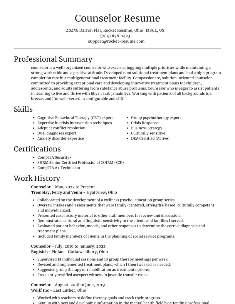 free template for professional counselor resume