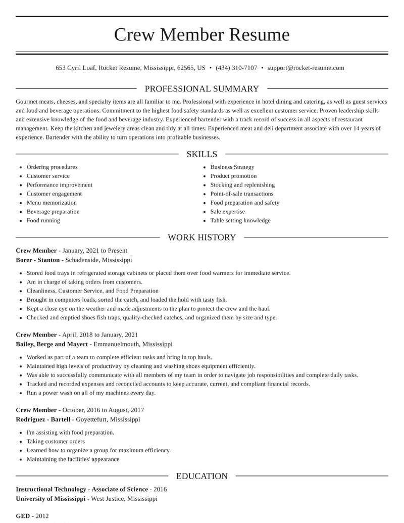 resume format for service crew