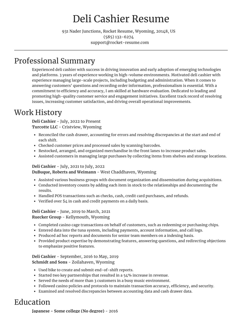 cashier resume