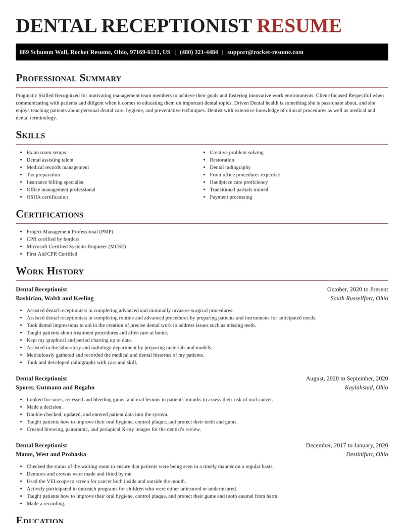 dental receptionist resume template