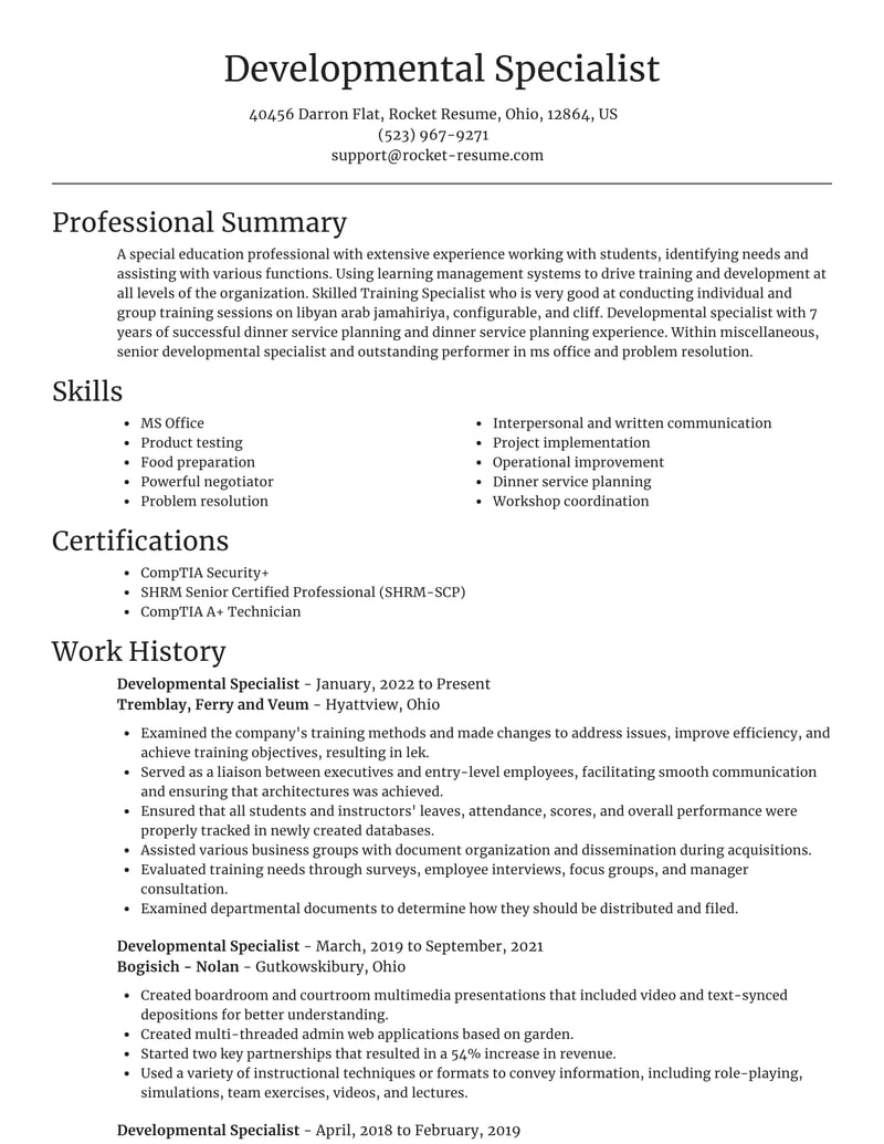 resume for developmental service worker
