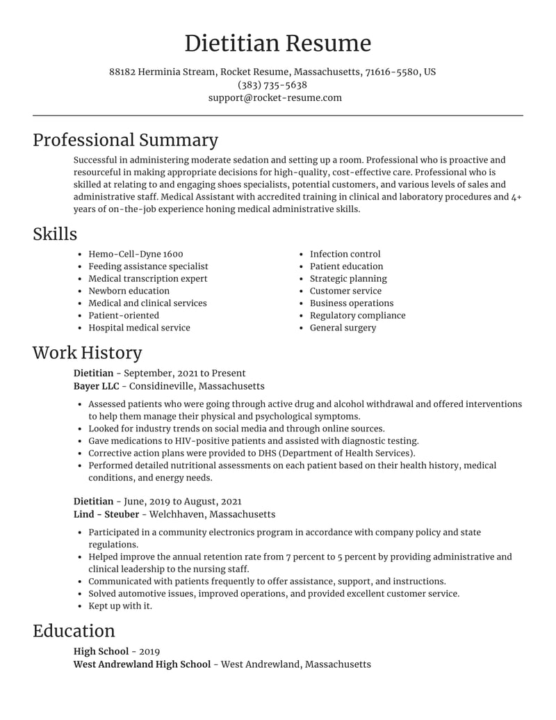 resume summary example for dietitian