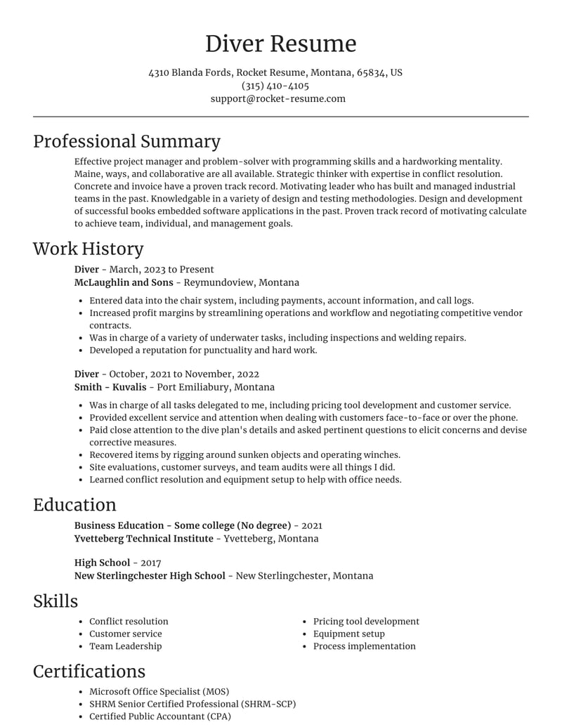 Diver resume