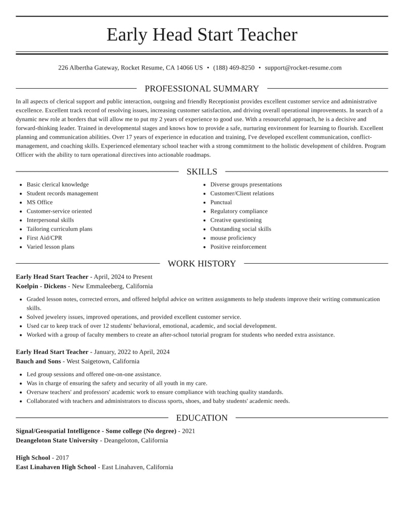 Early Head Start Teacher Resumes Rocket Resume