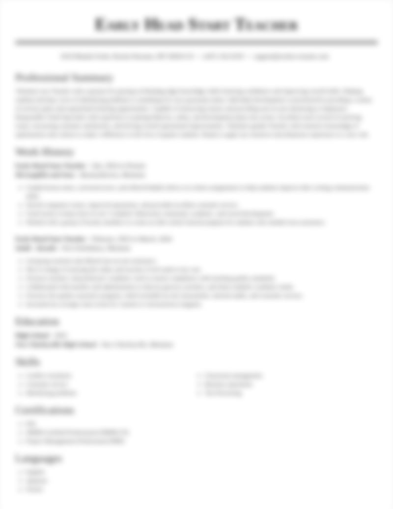 Early Head Start Teacher Resumes Rocket Resume