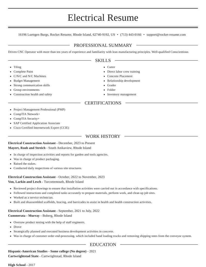 electrical assistant job description resume