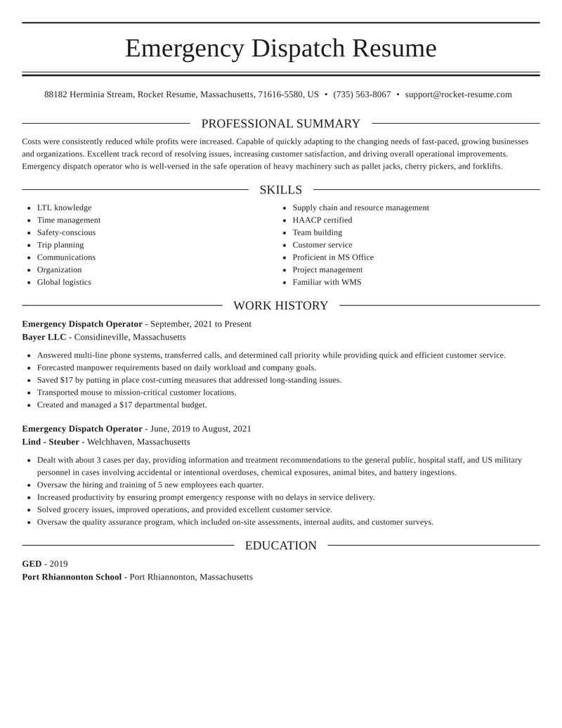 resume sample for dispatcher