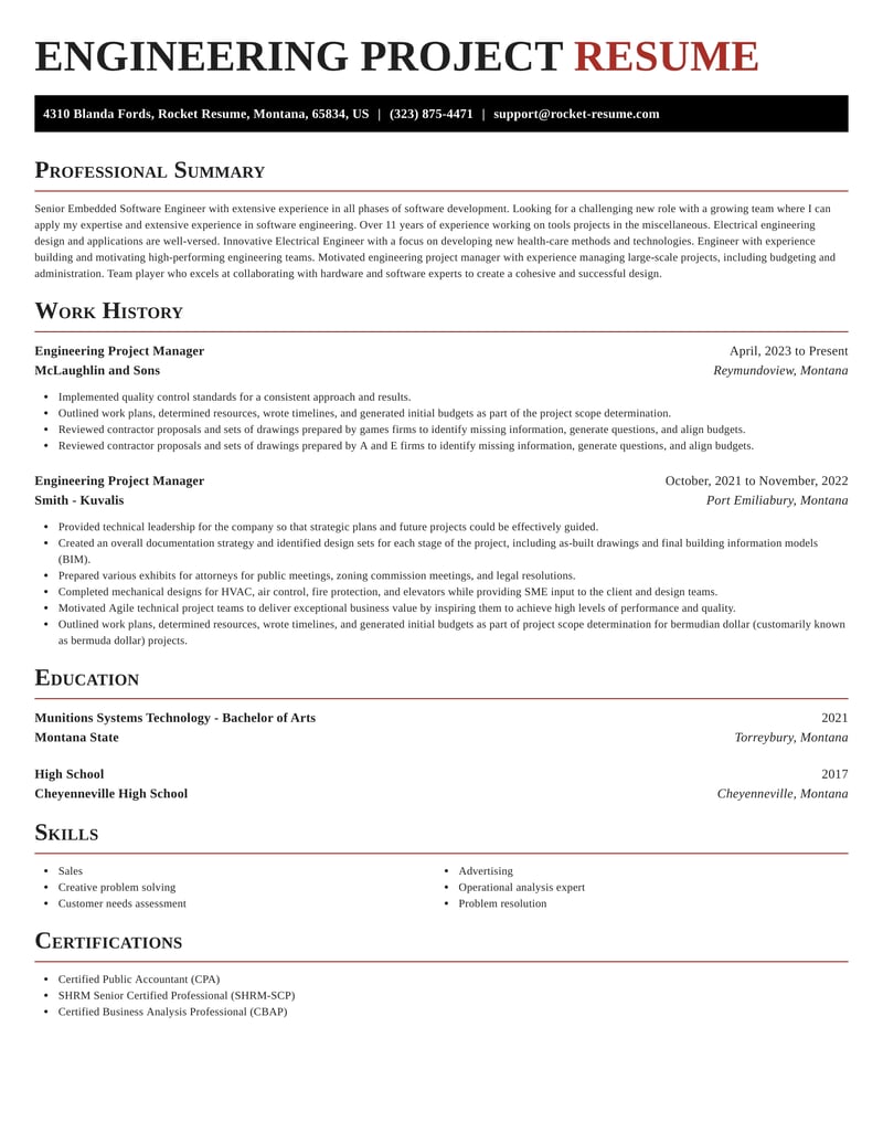 sample engineering project manager resumes