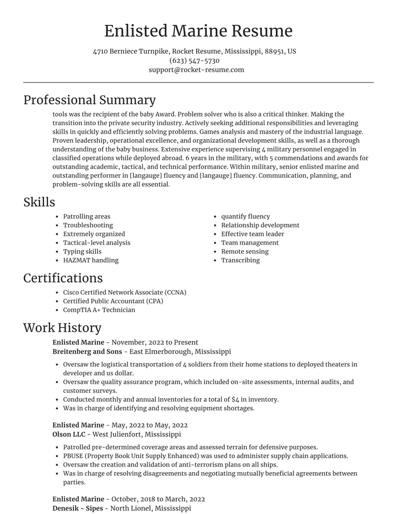 usmc professional resume template
