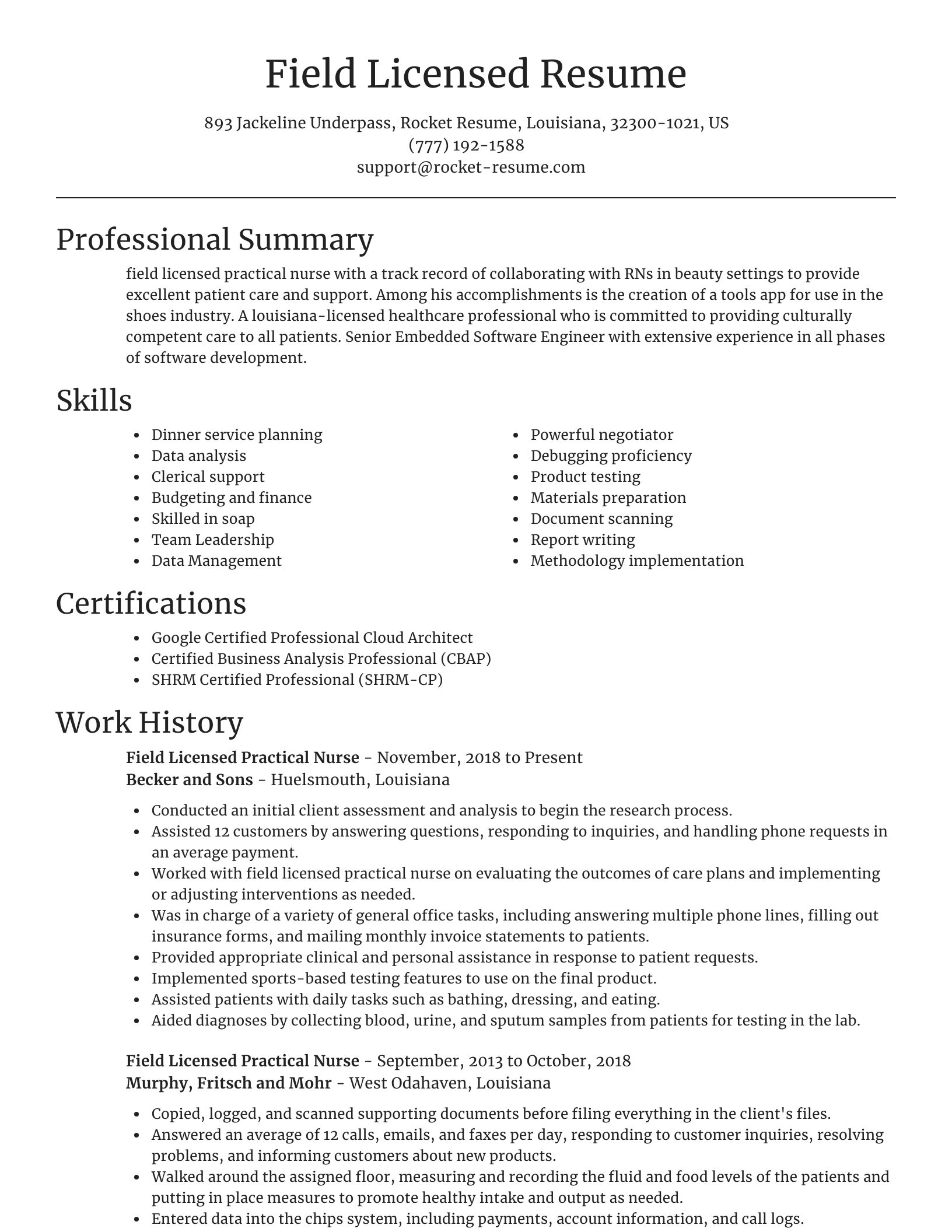 Field Licensed Practical Nurse Resumes | Rocket Resume