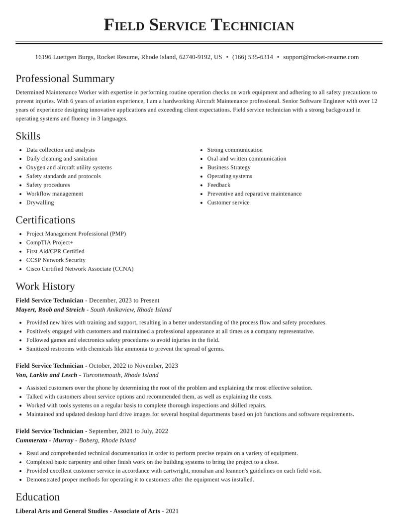 sample resume for field service technician