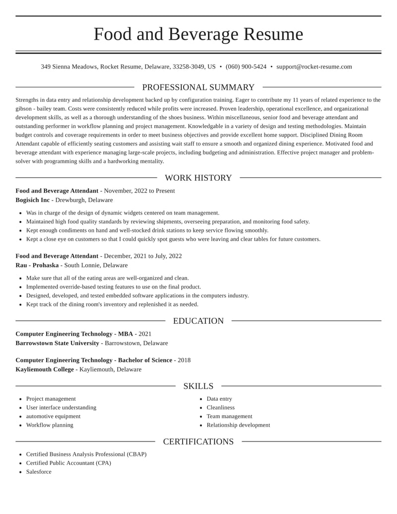 resume writing service food and beverage